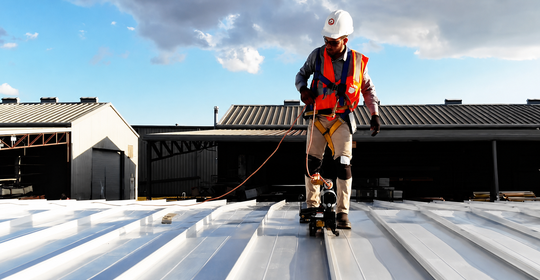 Standing-seam roofing installation on a self-storage building