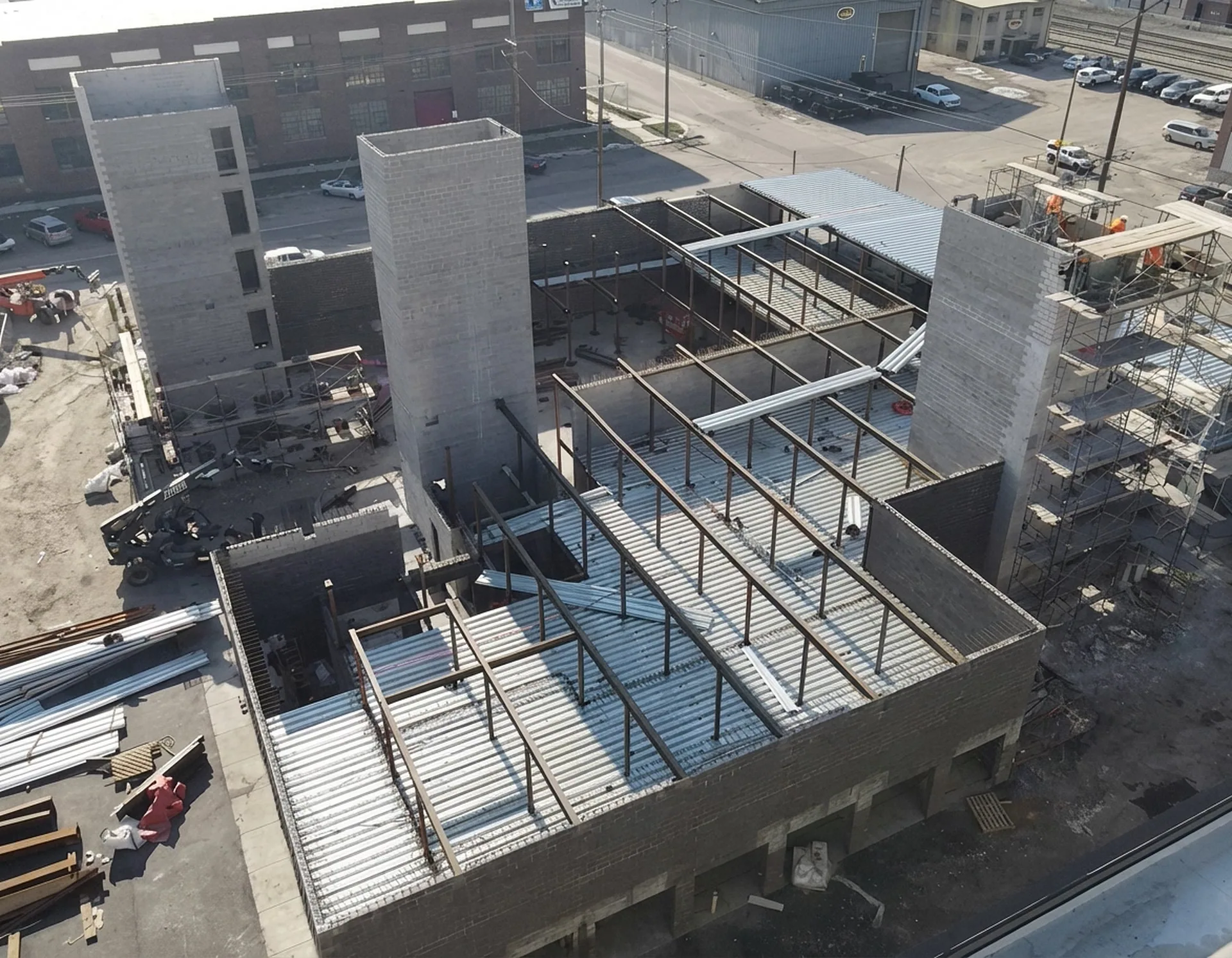 Overhead view of steel framing at 700 Block Storage