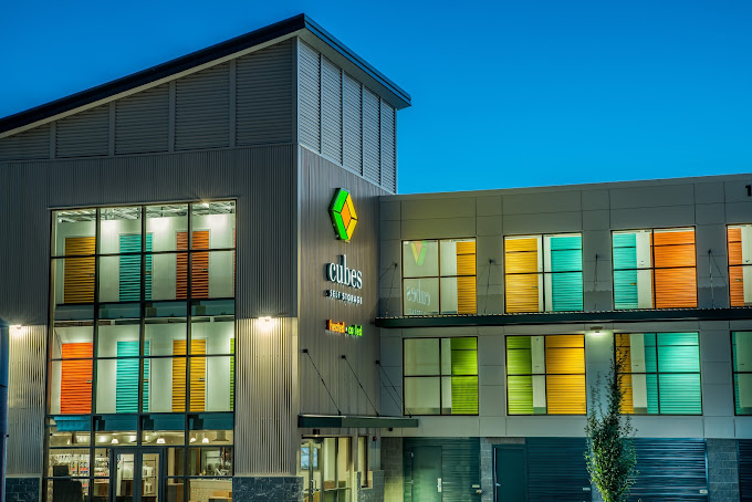 Cubes Self Storage exterior at night